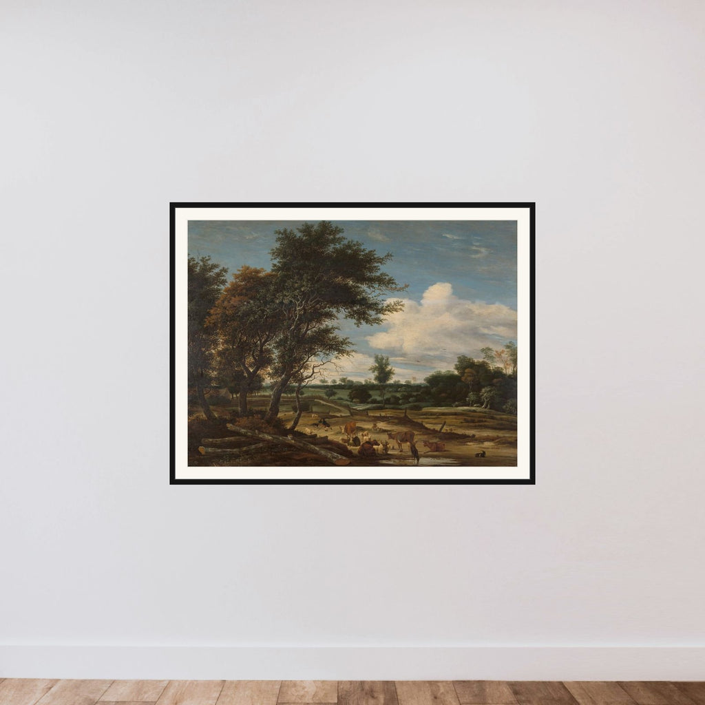 Landscape with herdsmen and cattle framed — shown to scale