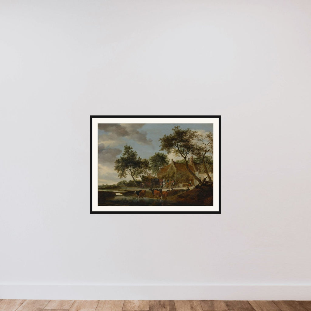 Landscape with Travellers before an Inn near a Watering Place framed — shown to scale