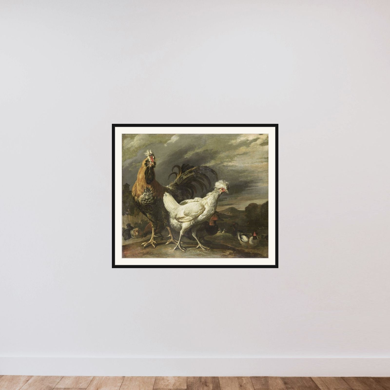 Cock, a Hen and other Poultry framed — shown to scale