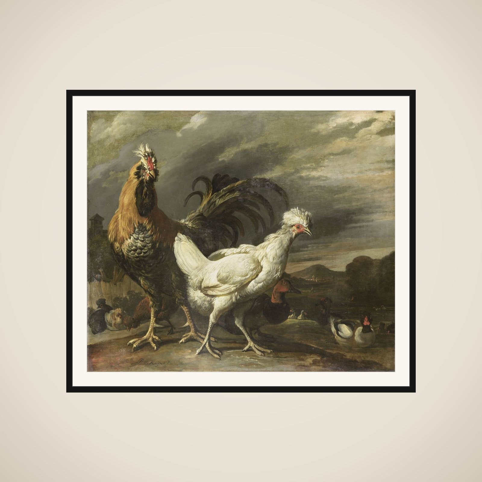 Cock, a Hen and other Poultry framed