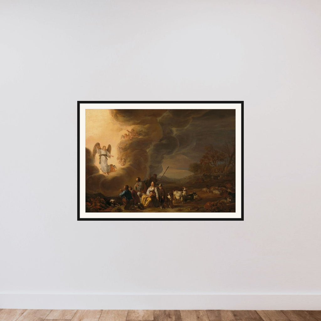 The Annunciation to the Shepherds framed — shown to scale
