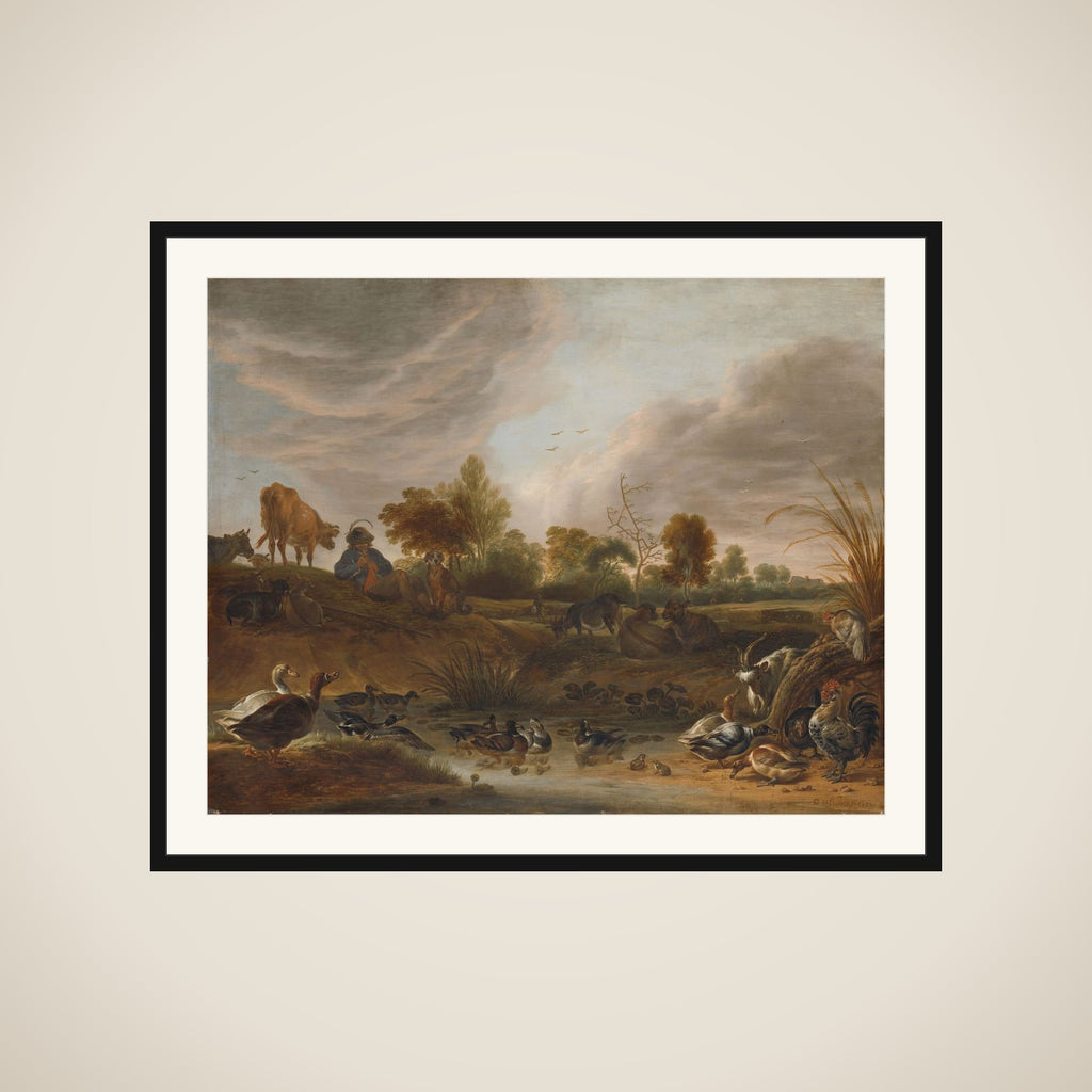 Landscape with a Herdsman, Cattle and Poultry framed