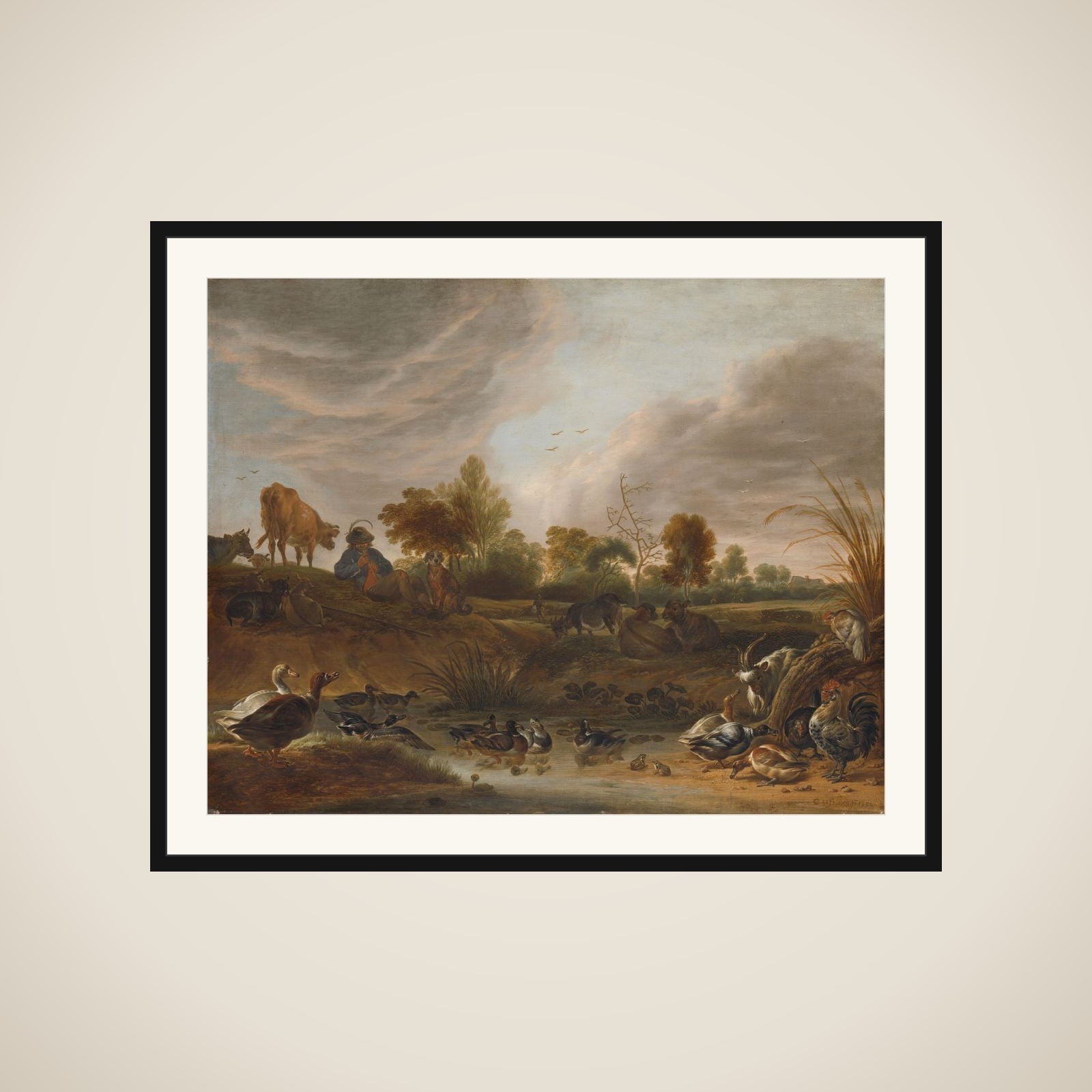 Landscape with a Herdsman, Cattle and Poultry framed