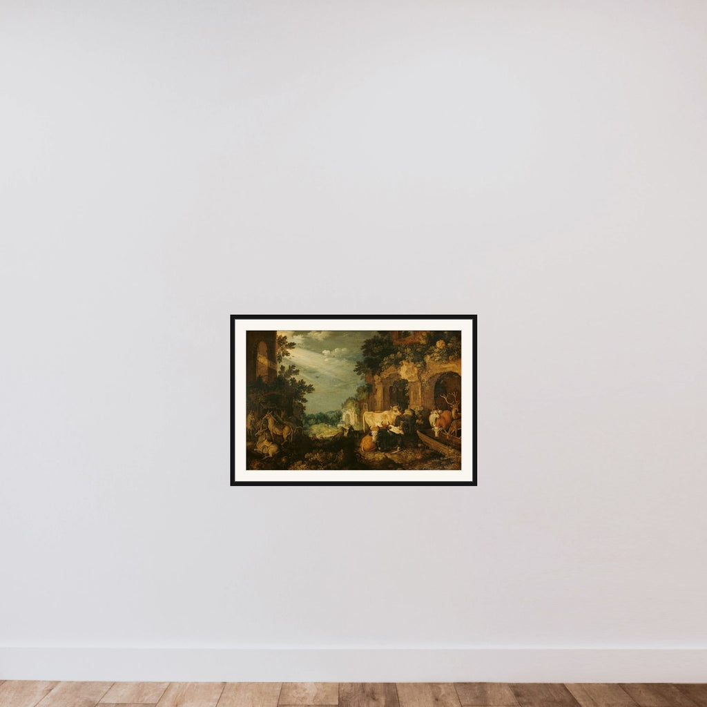 Aesop's fable of the stag among the cows framed — shown to scale
