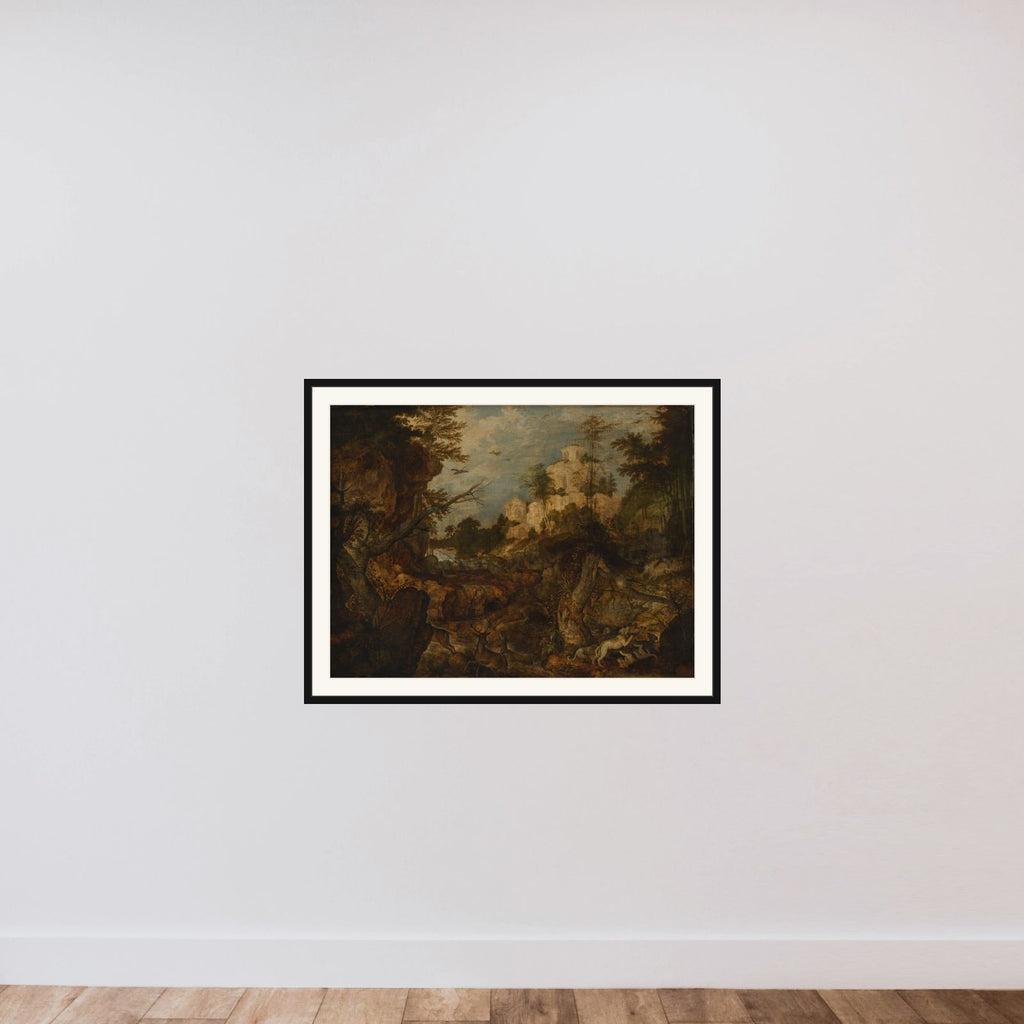 Wild boar hunt in a rocky landscape framed — shown to scale