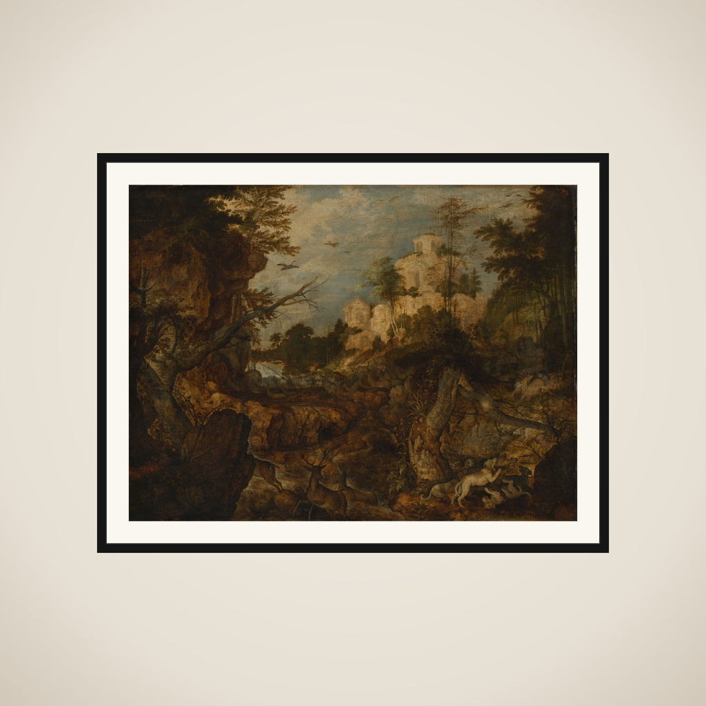 Wild boar hunt in a rocky landscape framed