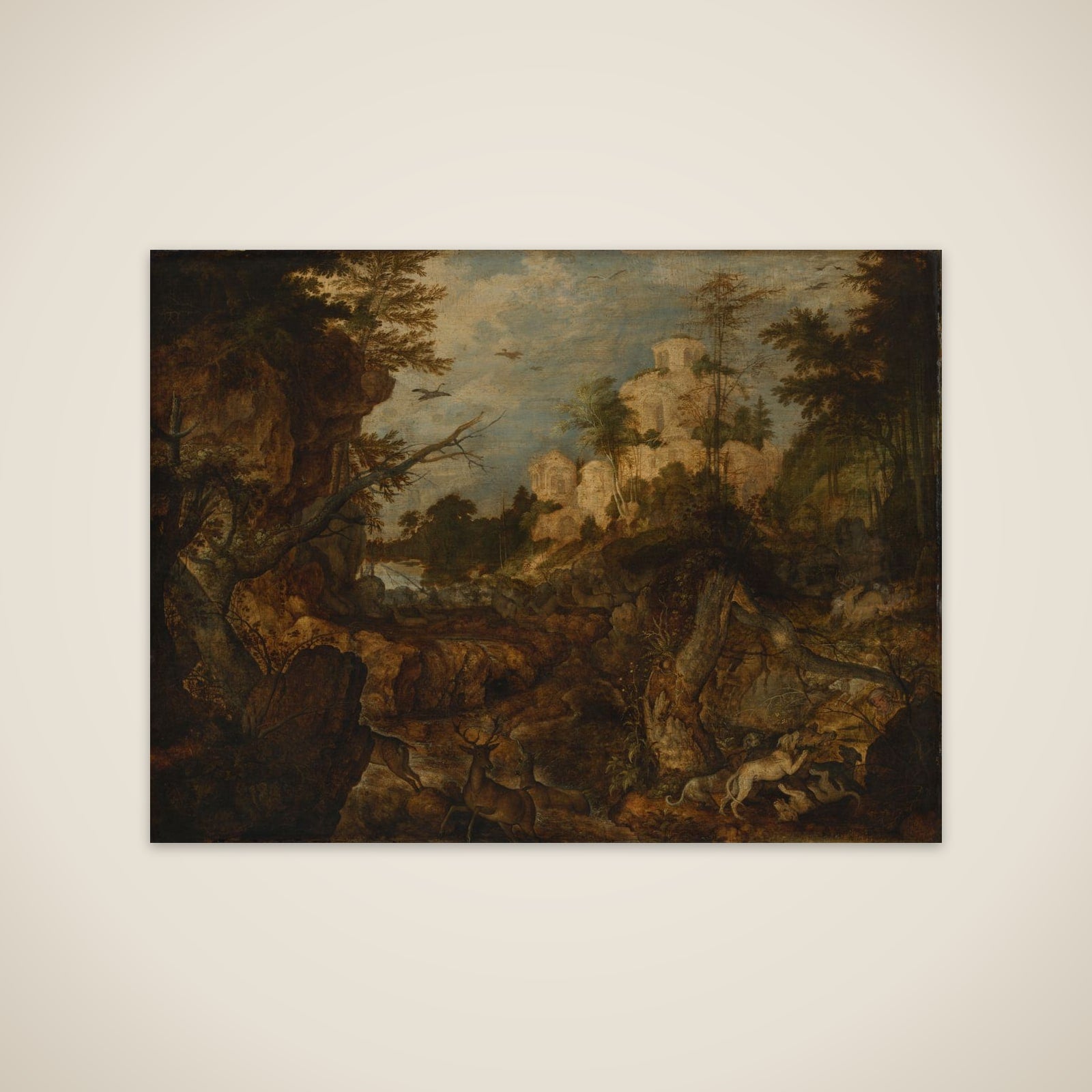 Wild boar hunt in a rocky landscape unframed print