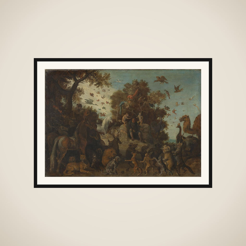 The poet crowned by two apes at the feast of the animals framed