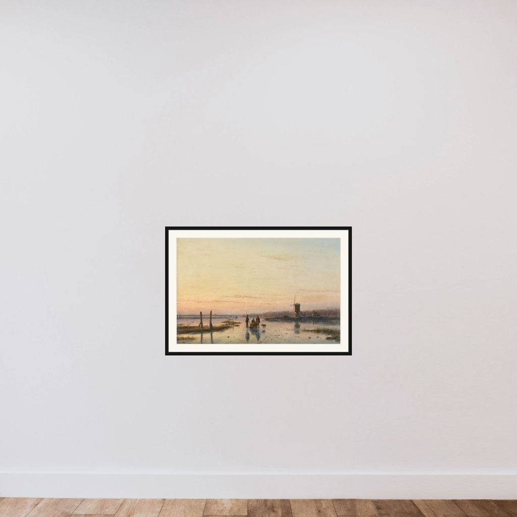 Windmill beside a frozen river framed — shown to scale