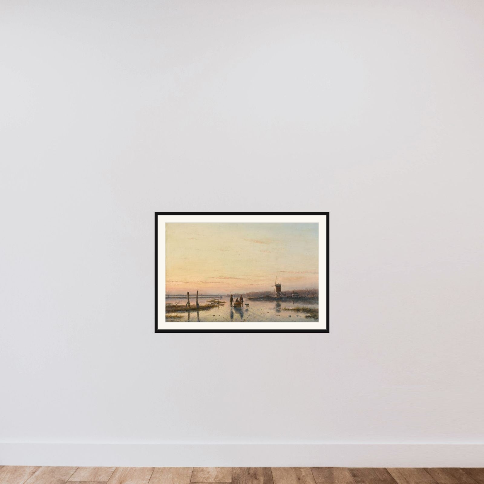 Windmill beside a frozen river framed — shown to scale