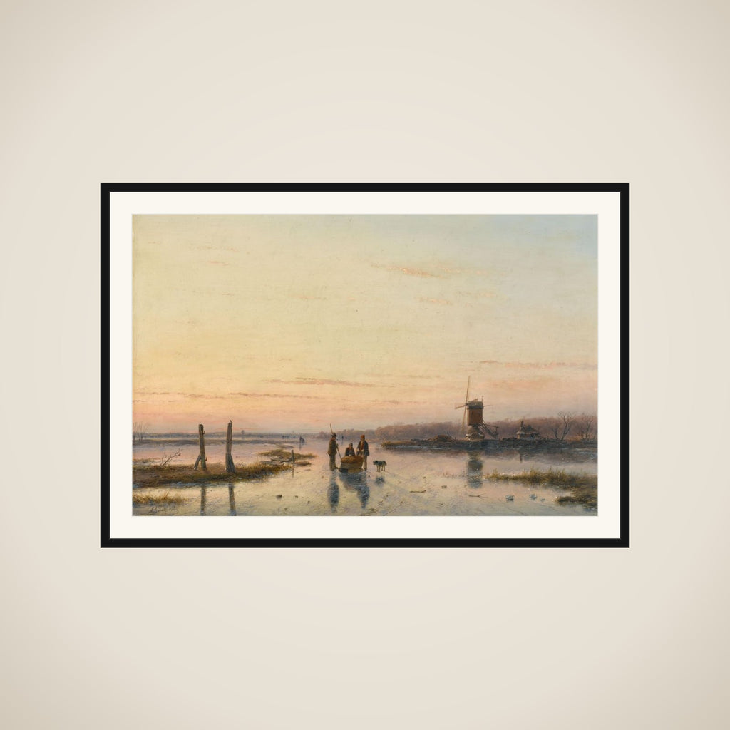Windmill beside a frozen river framed