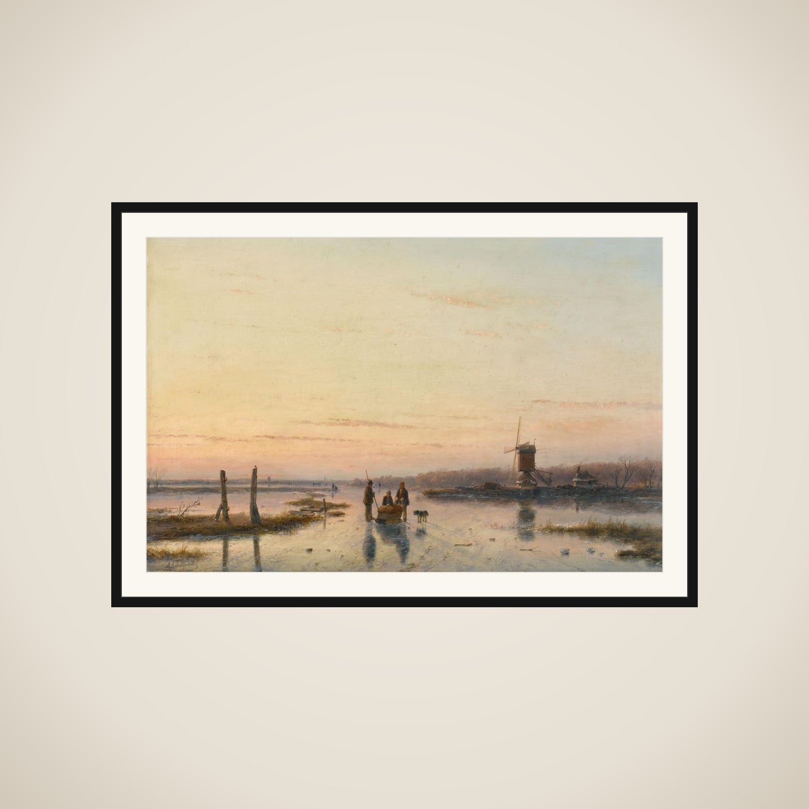 Windmill beside a frozen river framed