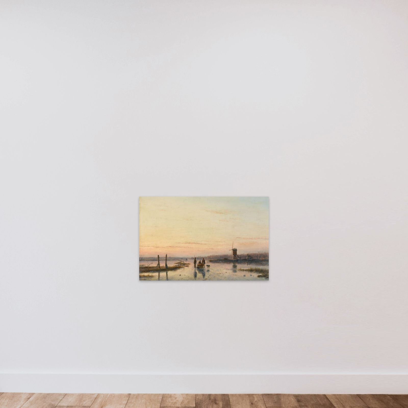Windmill beside a frozen river unframed — shown to scale