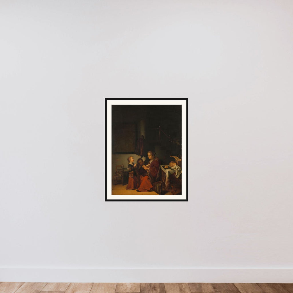 Interior with an Old Woman Cutting Bread and Two Children in Prayer framed — shown to scale