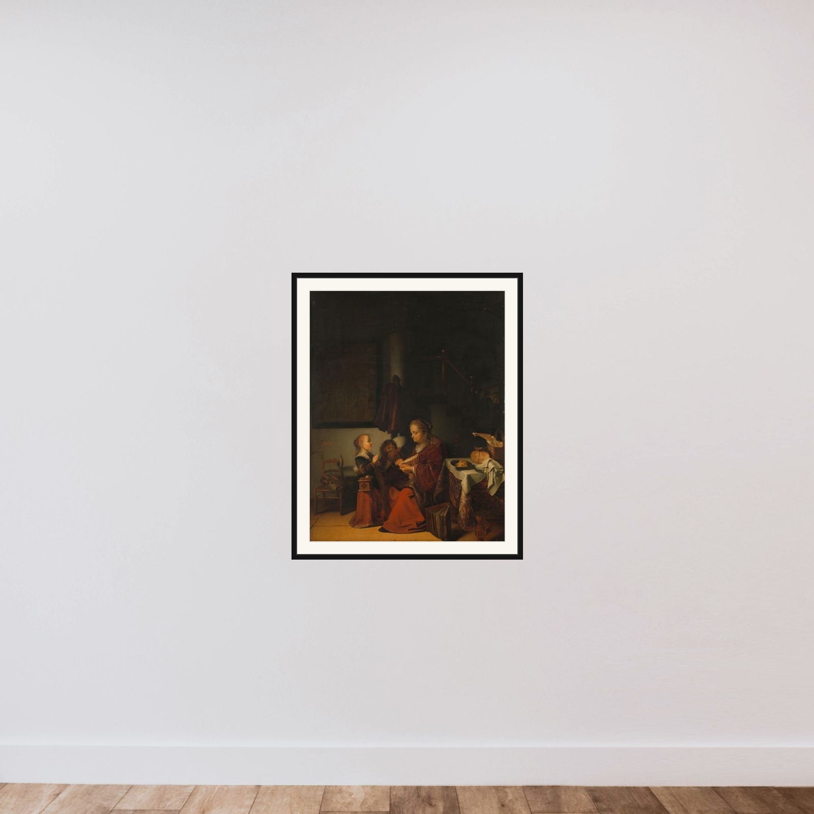 Interior with an Old Woman Cutting Bread and Two Children in Prayer framed — shown to scale