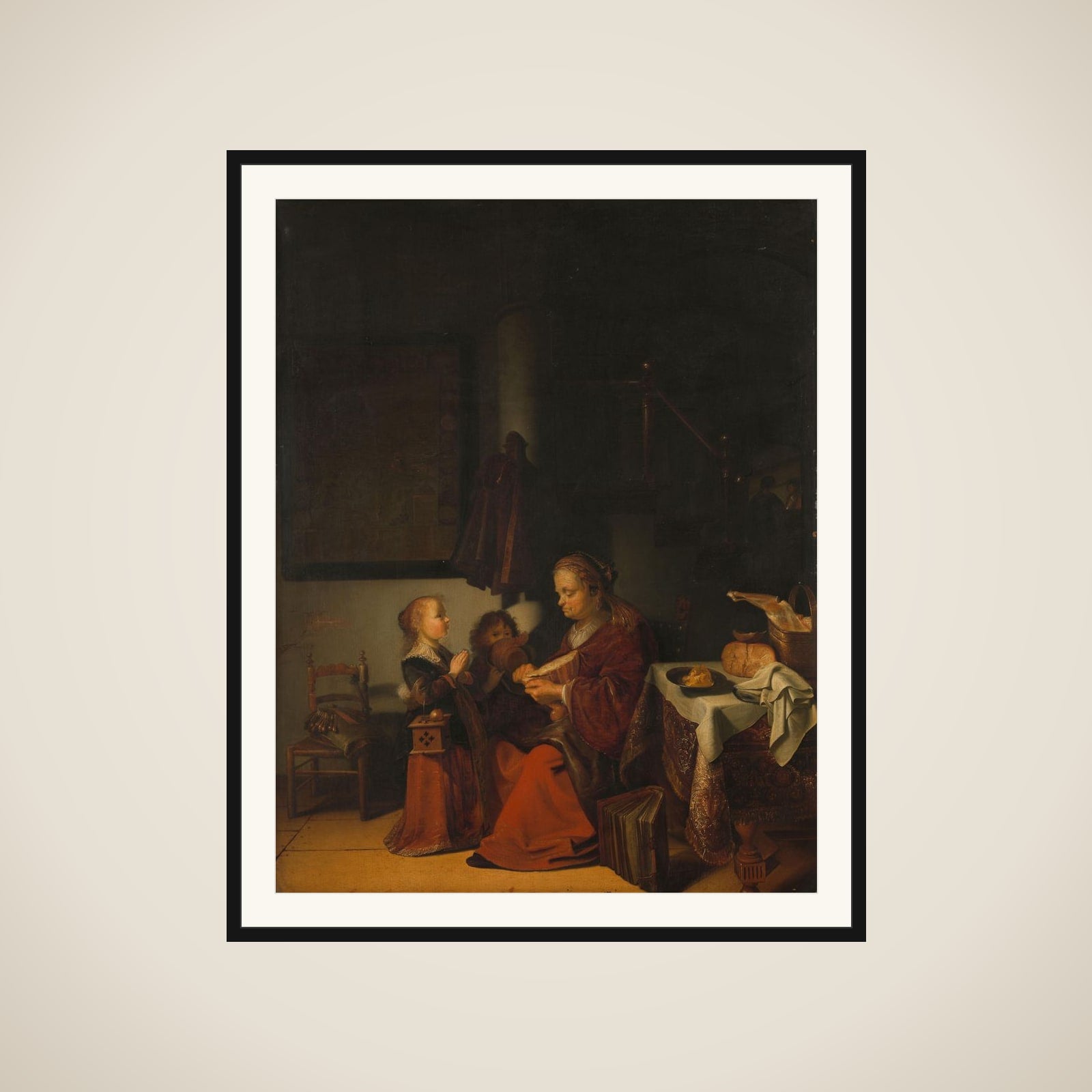 Interior with an Old Woman Cutting Bread and Two Children in Prayer framed