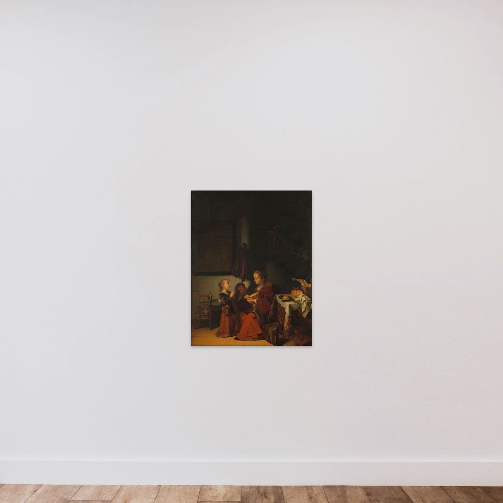 Interior with an Old Woman Cutting Bread and Two Children in Prayer unframed — shown to scale