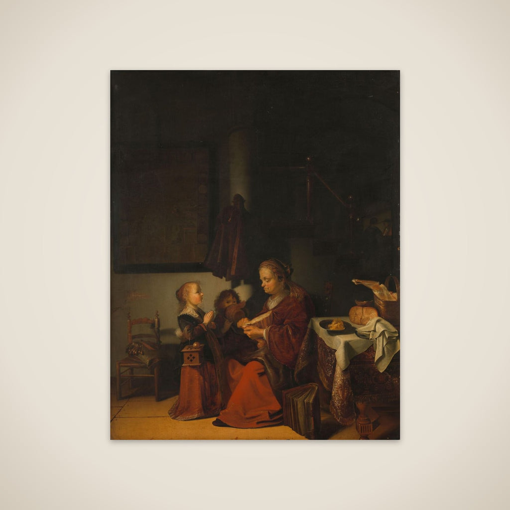 Interior with an Old Woman Cutting Bread and Two Children in Prayer unframed print