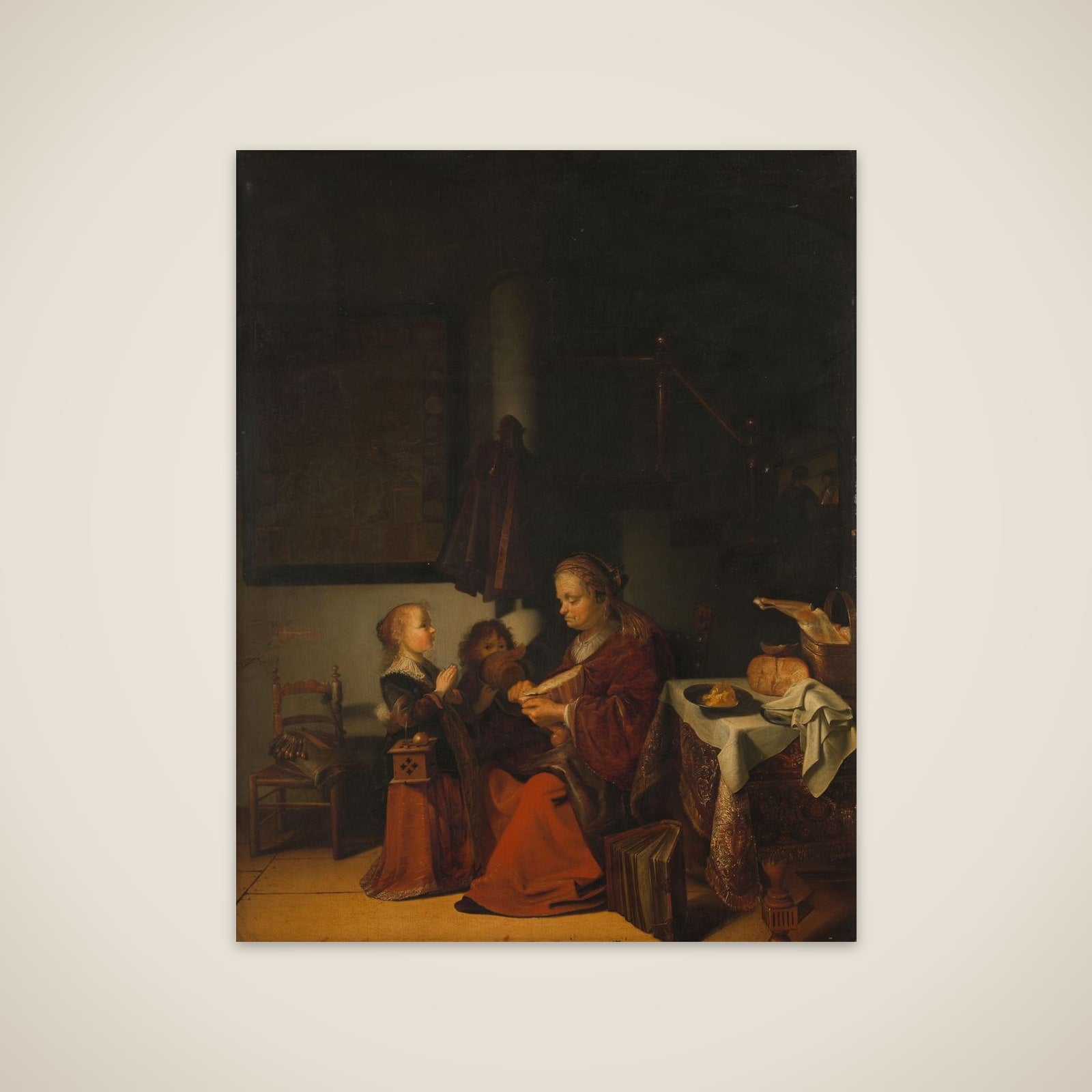 Interior with an Old Woman Cutting Bread and Two Children in Prayer unframed print