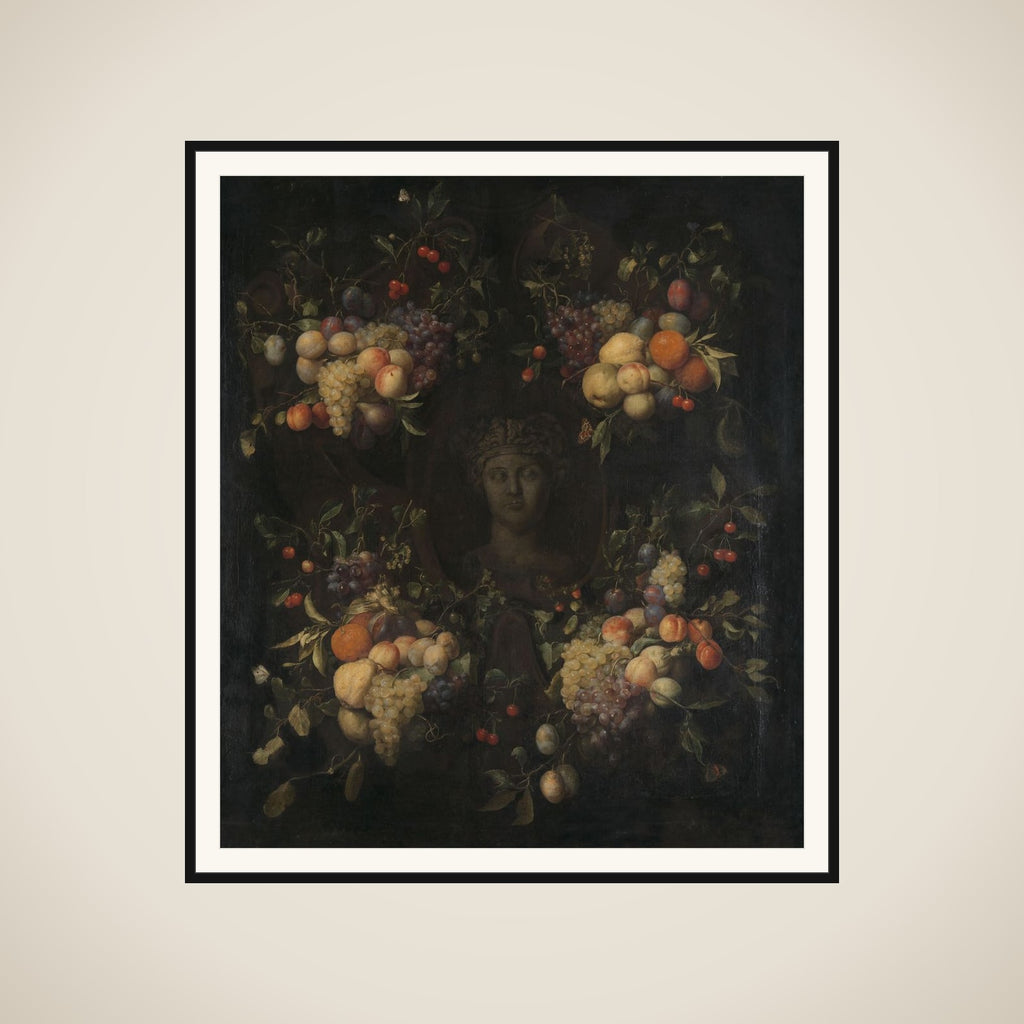 Simulated Sculpted Head of a Woman in a Cartouche Decorated with Swags of Fruit framed