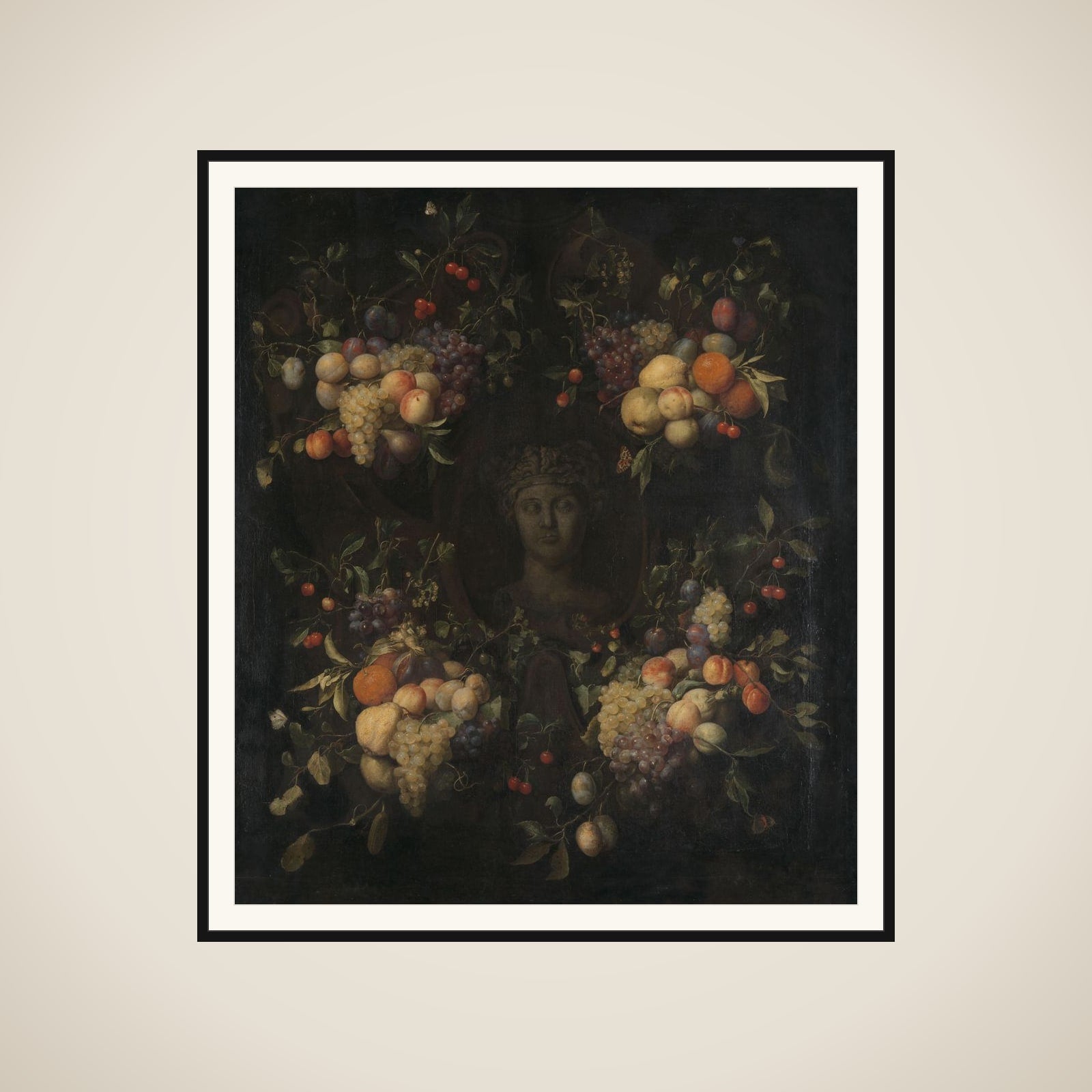 Simulated Sculpted Head of a Woman in a Cartouche Decorated with Swags of Fruit framed