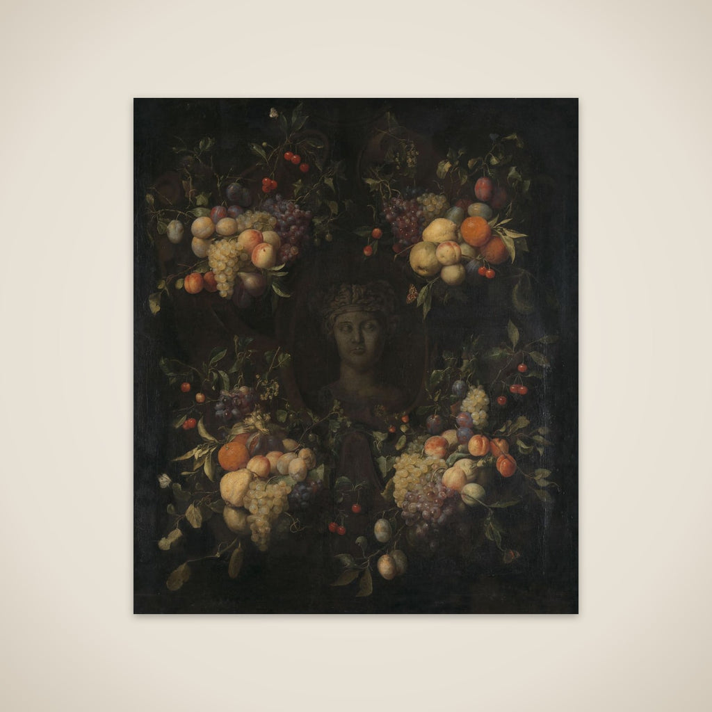 Simulated Sculpted Head of a Woman in a Cartouche Decorated with Swags of Fruit unframed print