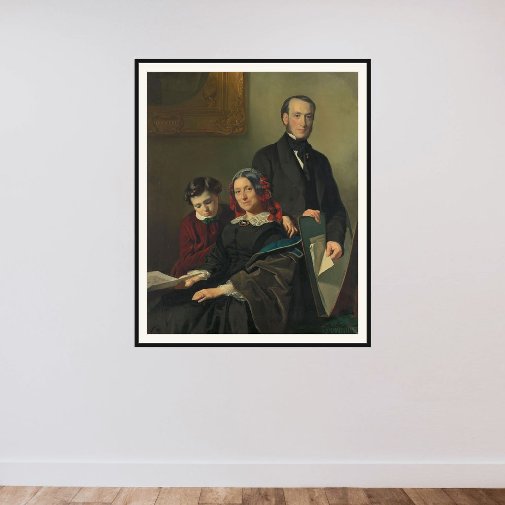 Mevrouw A.J. Schmidt-Keiser, weduwe van de schilder Willem Hendrik Schmidt (1809-49), de leermeester van Jacob Spoel, met haar broer J.N. Keiser en haar tienjarig zoontje framed — shown to scale