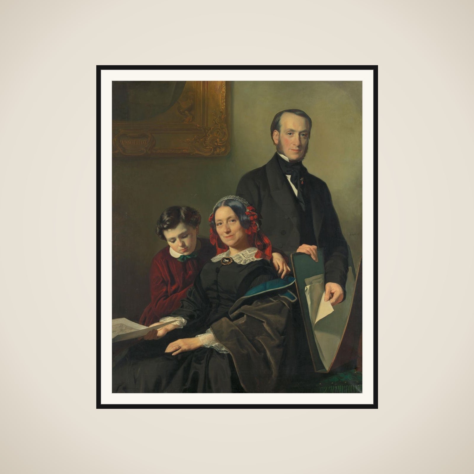 Mevrouw A.J. Schmidt-Keiser, weduwe van de schilder Willem Hendrik Schmidt (1809-49), de leermeester van Jacob Spoel, met haar broer J.N. Keiser en haar tienjarig zoontje framed