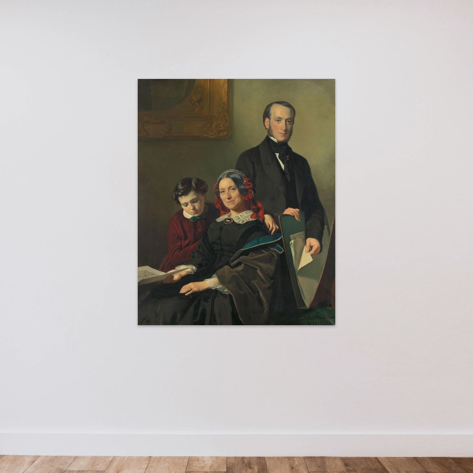 Mevrouw A.J. Schmidt-Keiser, weduwe van de schilder Willem Hendrik Schmidt (1809-49), de leermeester van Jacob Spoel, met haar broer J.N. Keiser en haar tienjarig zoontje unframed — shown to scale