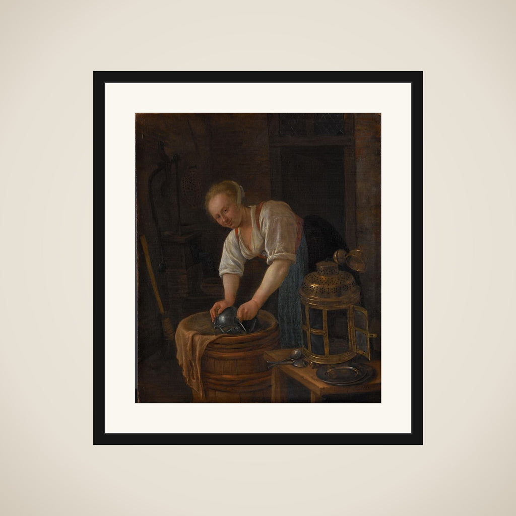Woman scouring metalware framed