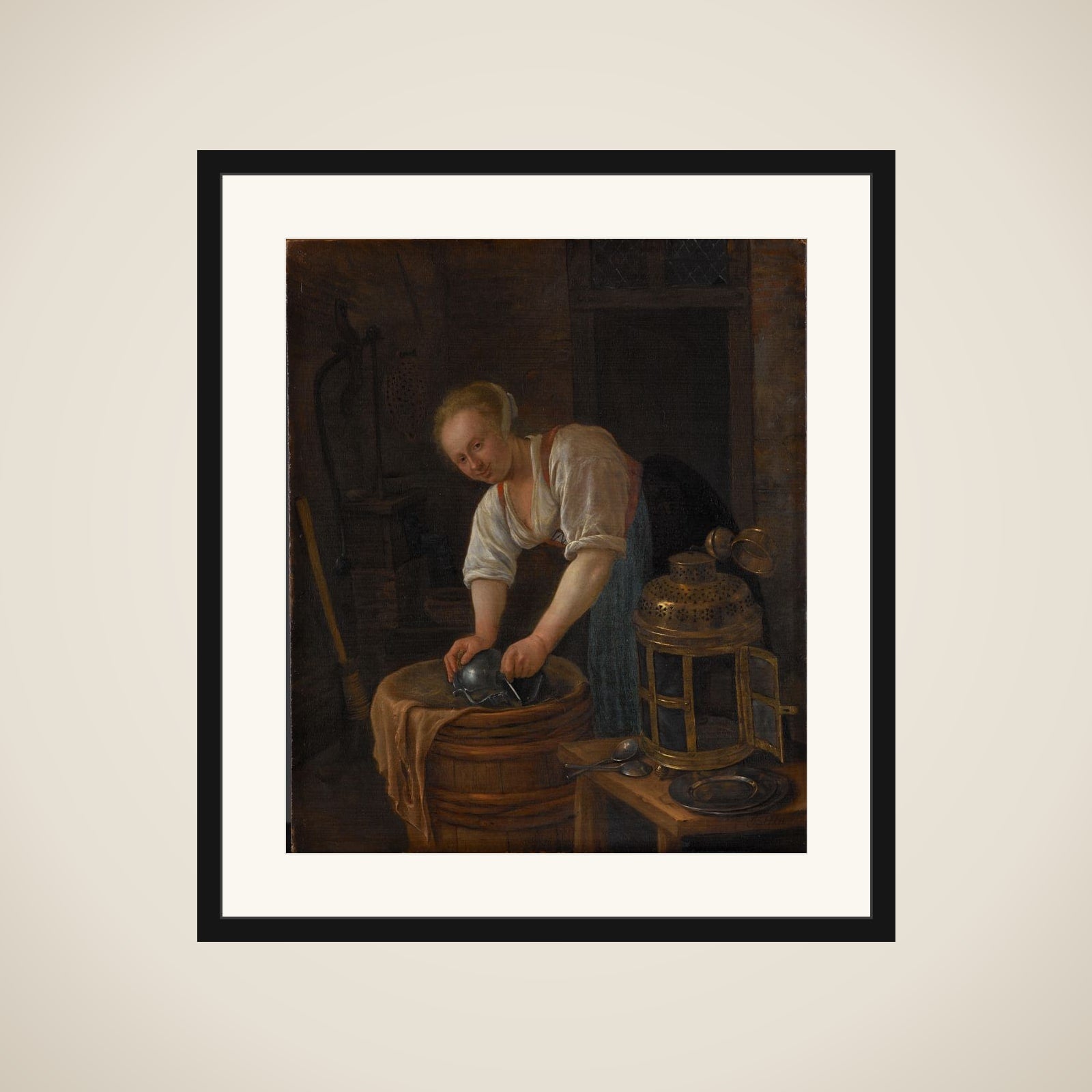 Woman scouring metalware framed