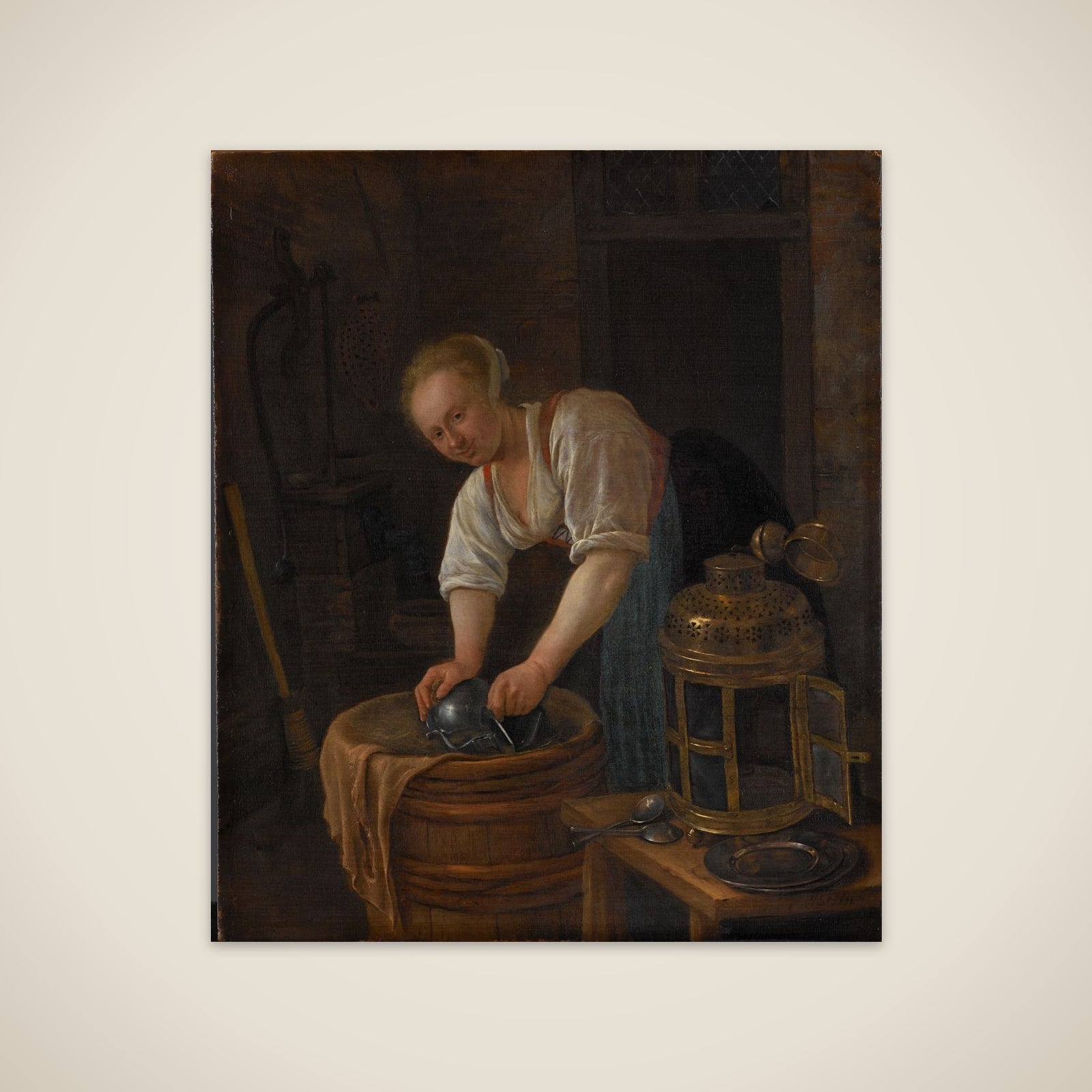 Woman scouring metalware unframed print