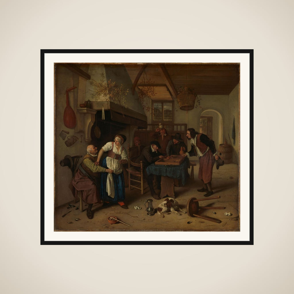 Interior of an inn with an old man amusing himself with the landlady and two men playing backgammon, known as 'Two kinds of games' framed