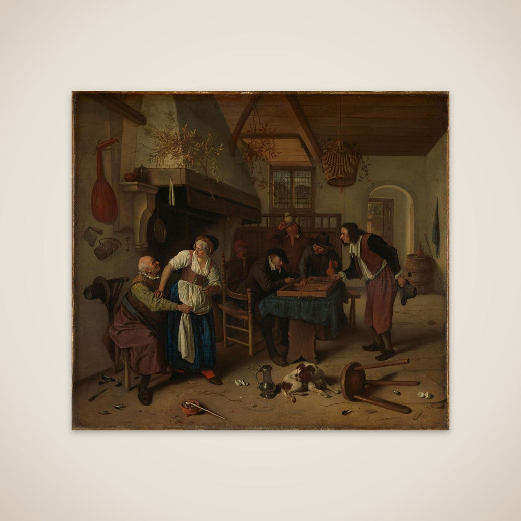 Interior of an inn with an old man amusing himself with the landlady and two men playing backgammon, known as 'Two kinds of games' unframed print