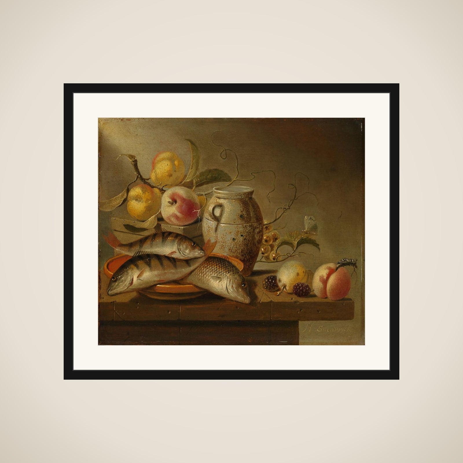 Still Life with Earthenware Jar, Fish and Fruit framed