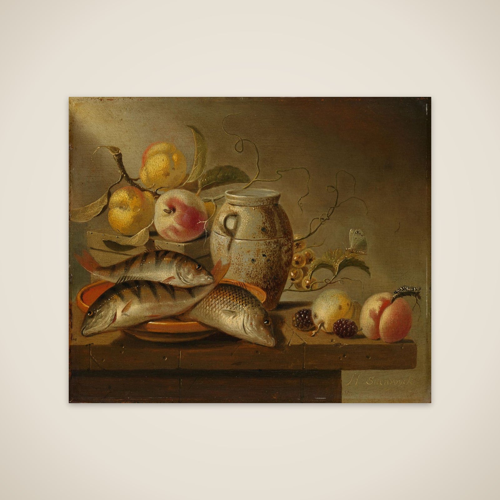 Still Life with Earthenware Jar, Fish and Fruit unframed print