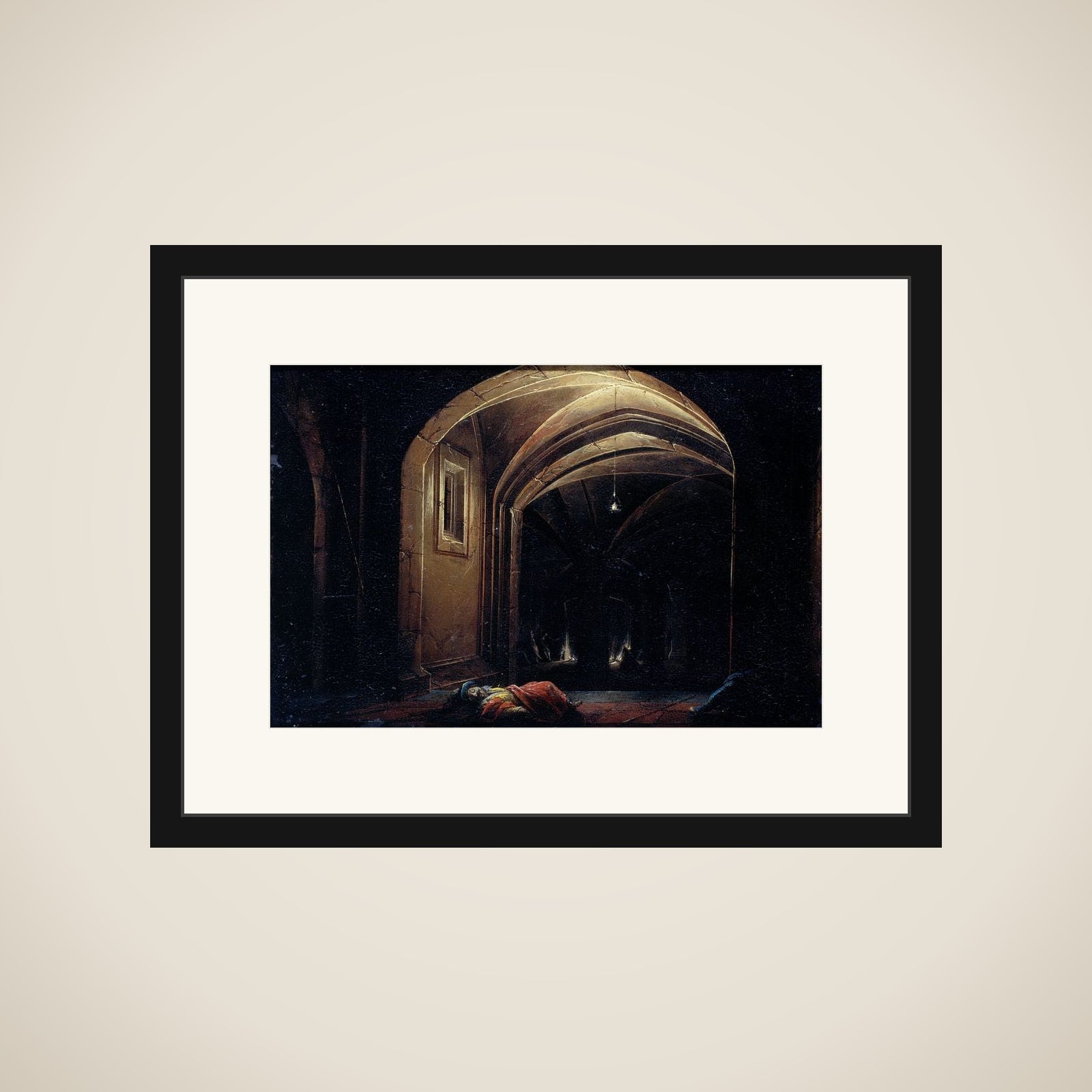 Men Sleeping in a Room with lighted Arches framed