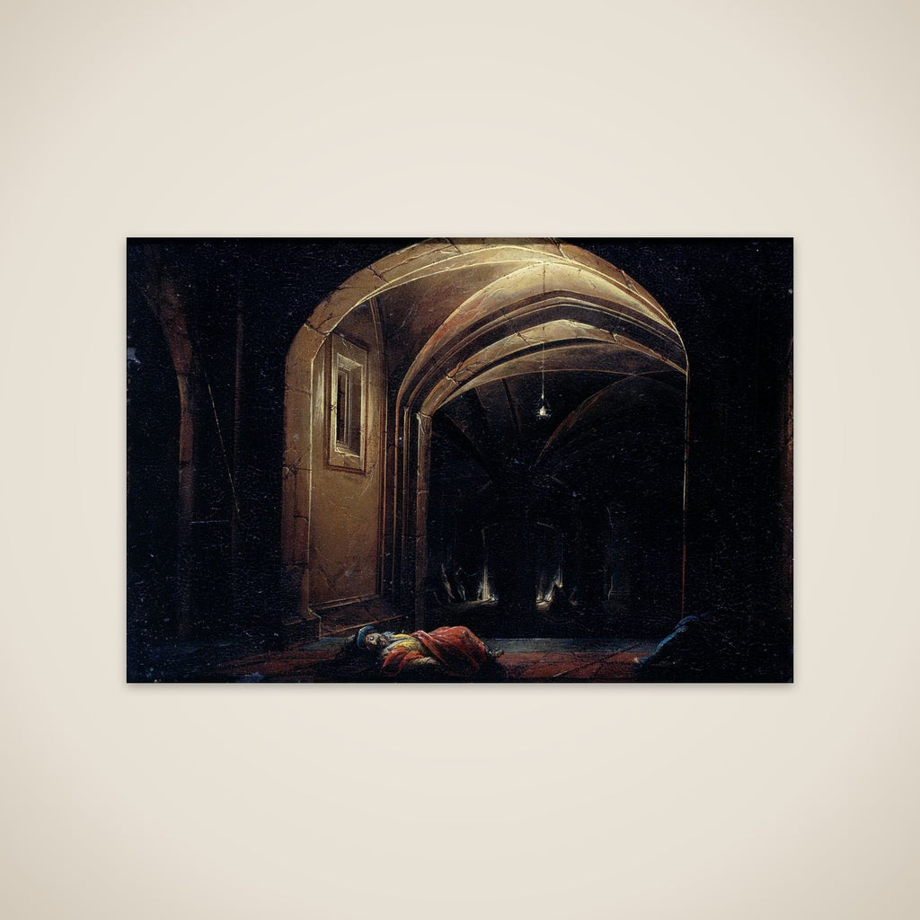 Men Sleeping in a Room with lighted Arches unframed print