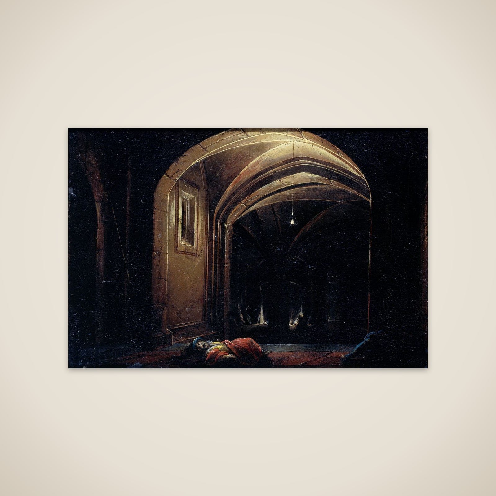 Men Sleeping in a Room with lighted Arches unframed print