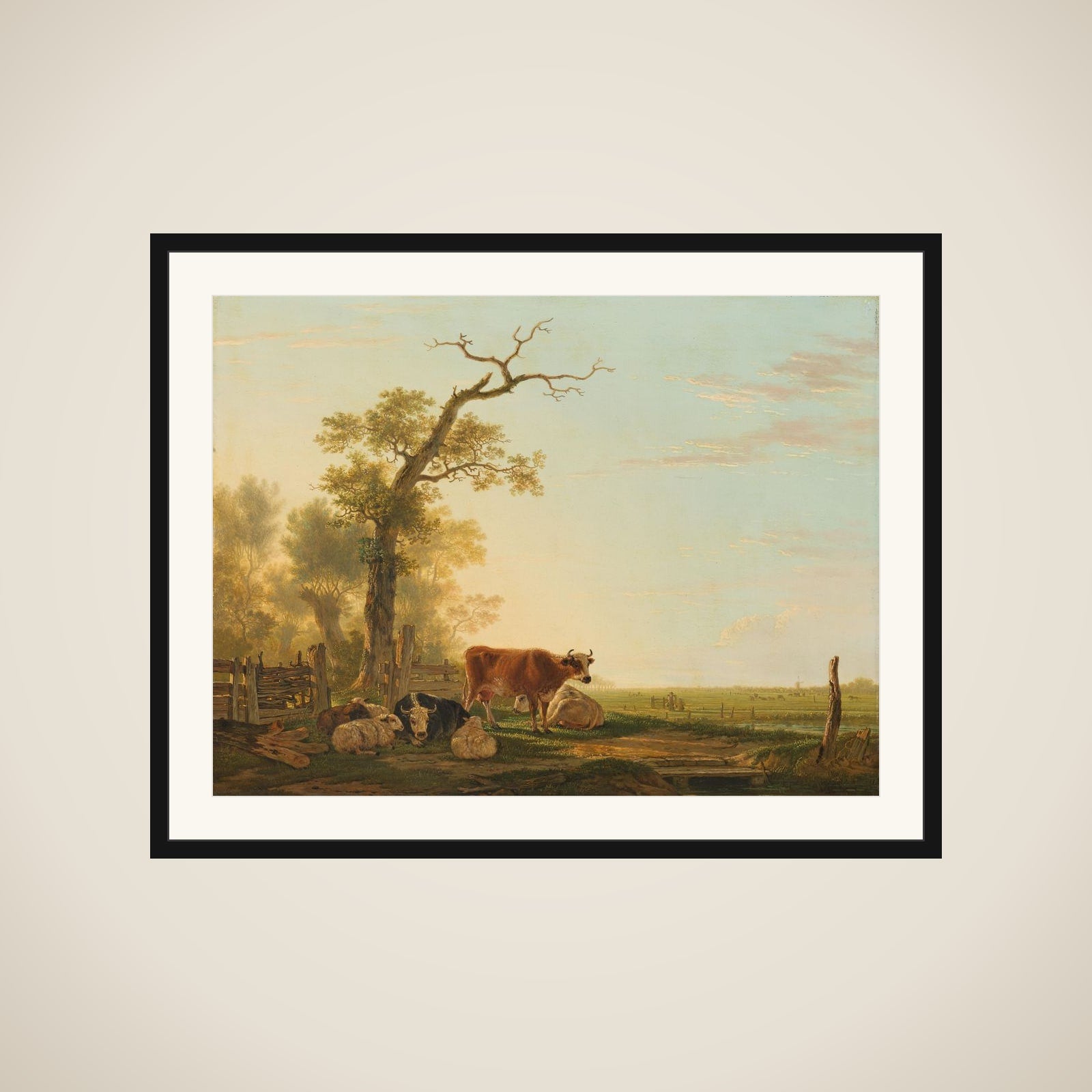 Meadow Landscape with Animals framed