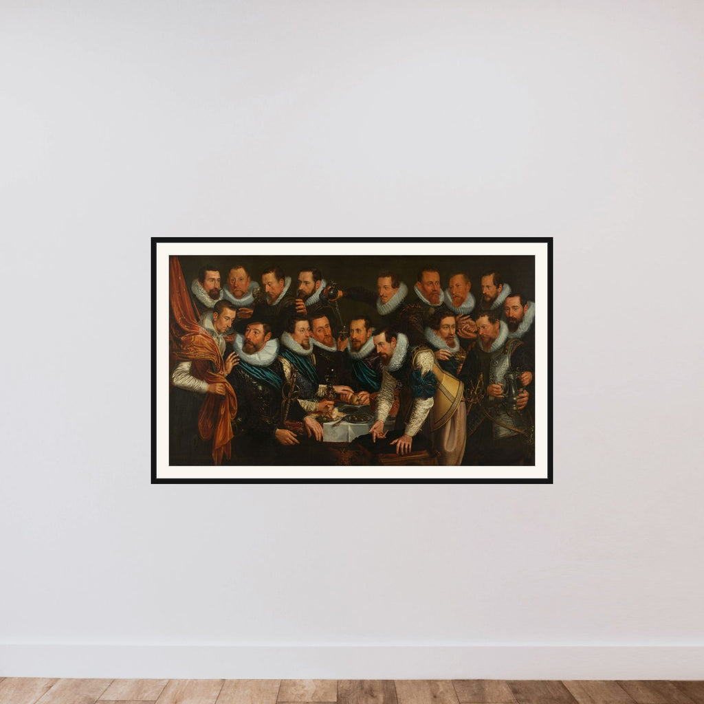 Officers and other civic guardsmen of the XIth District of Amsterdam, under the command of Captain Geurt Dircksz van Beuningen and Lieutenant Pieter Martensz Hoeffijser framed — shown to scale