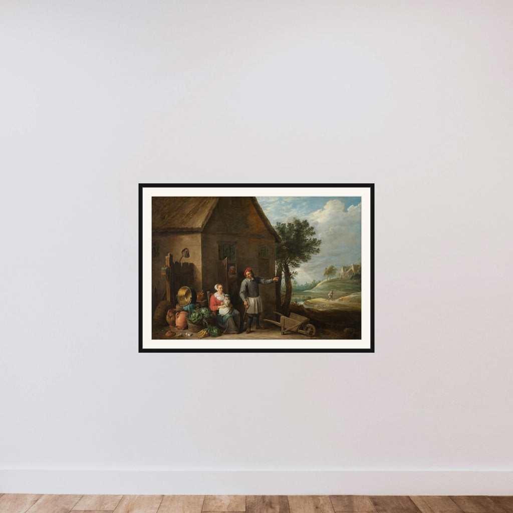 Husbandman at a Cottage Door with a Seated Woman and Child framed — shown to scale