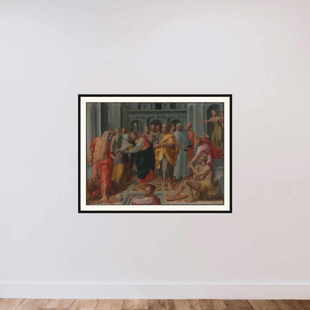 Visitation (Meeting of Mary and Elizabeth in the Presence of Saints Joseph and Jerome) framed — shown to scale