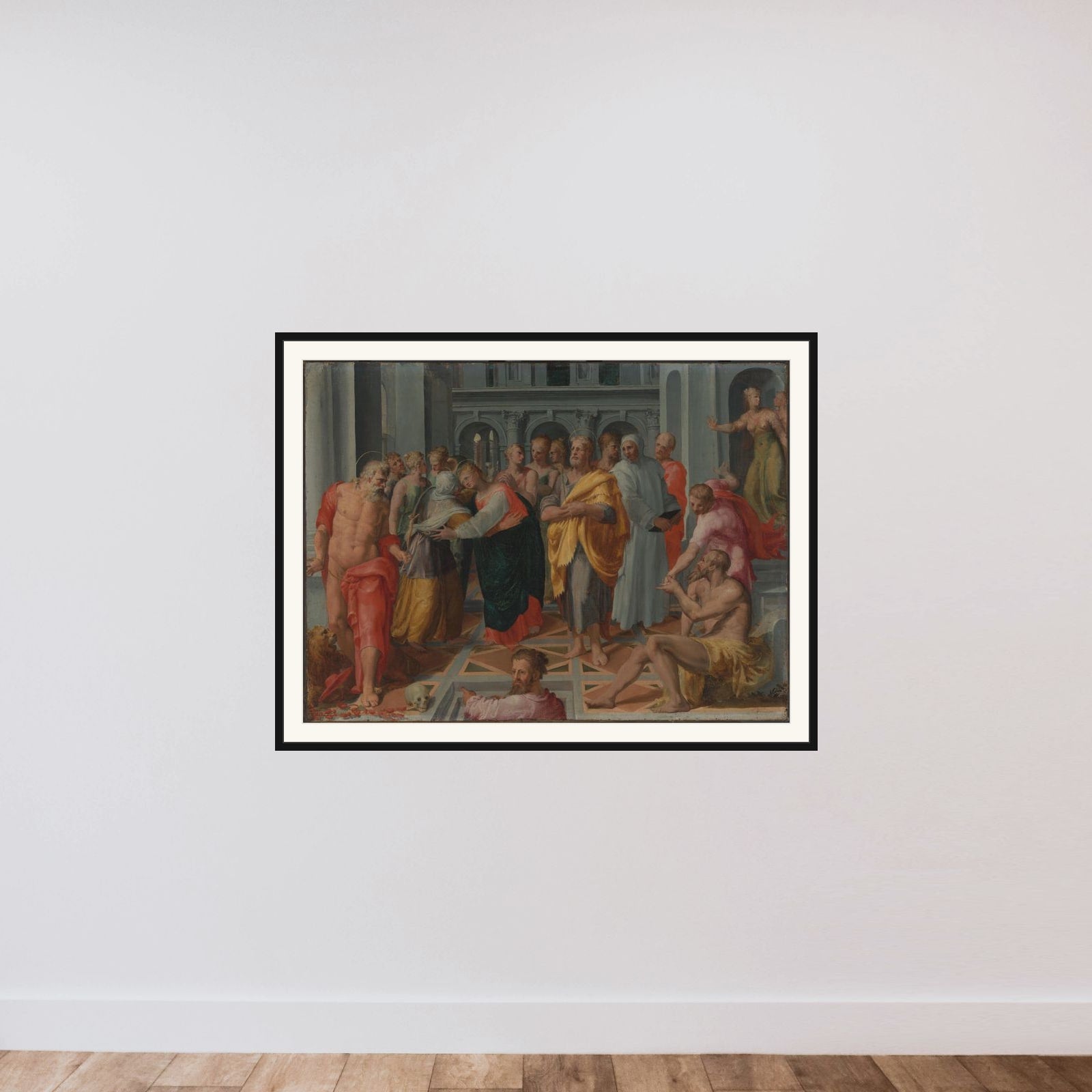 Visitation (Meeting of Mary and Elizabeth in the Presence of Saints Joseph and Jerome) framed — shown to scale