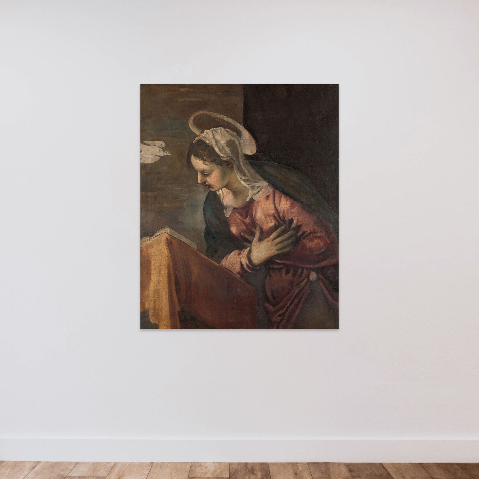 Virgin from the Annunciation to the Virgin unframed — shown to scale