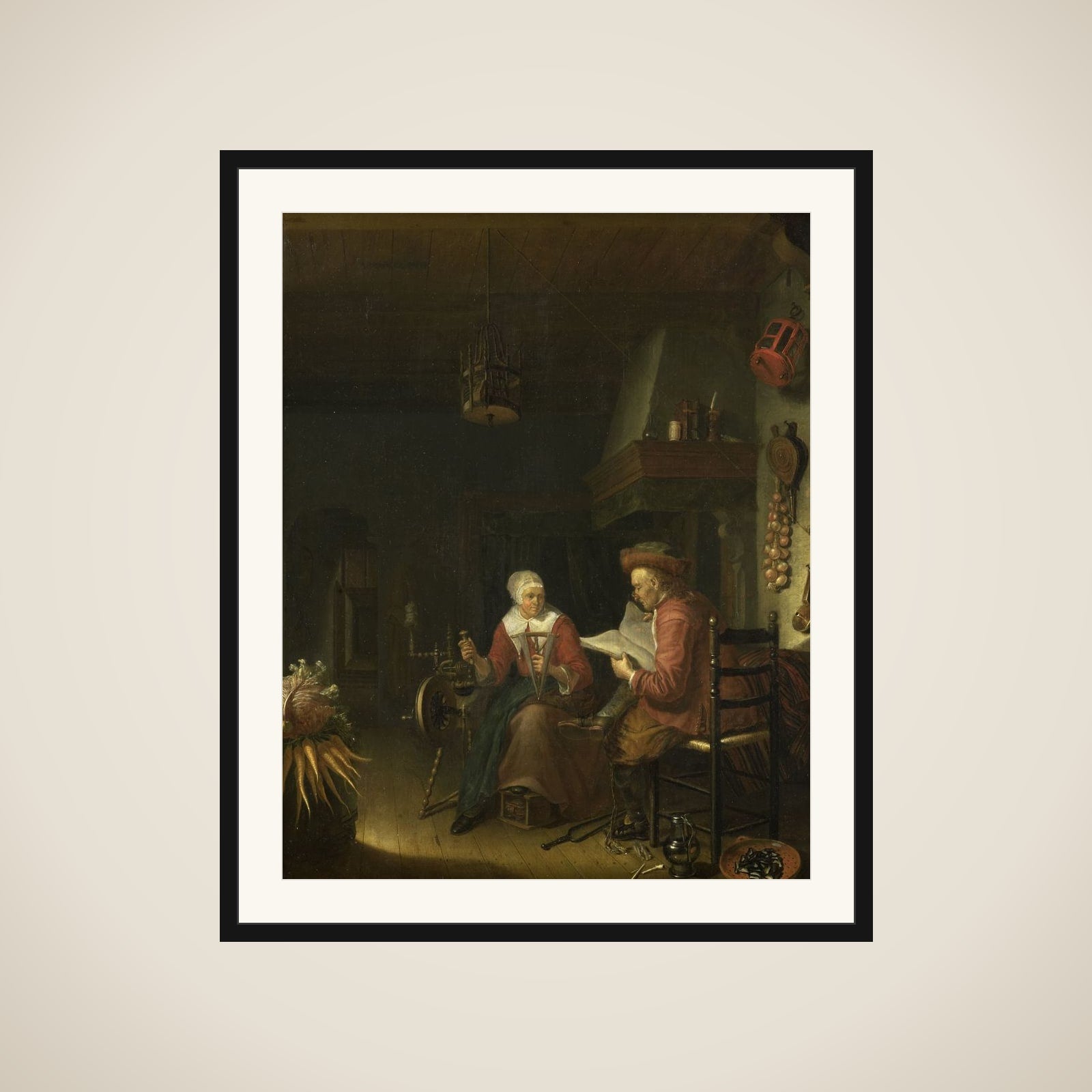 Interior with a man reading and a woman spinning yarn framed