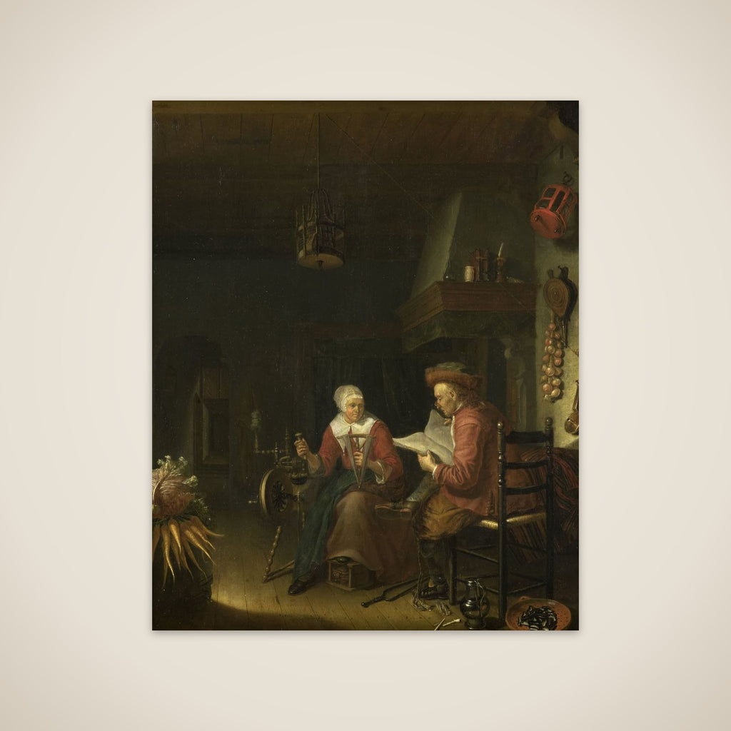Interior with a man reading and a woman spinning yarn unframed print