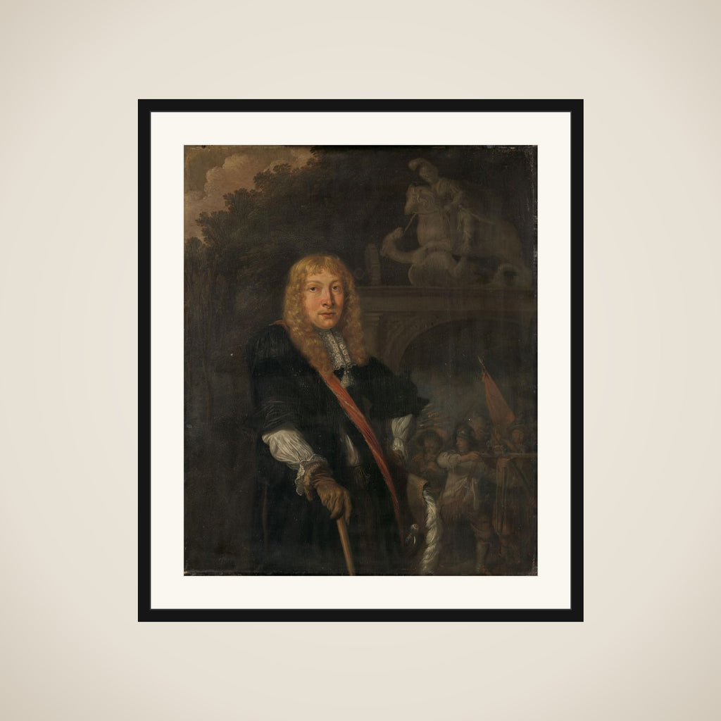 Portrait of an officer of the Leiden civic guard in front of the gate of the headquarters of the St. George guards framed