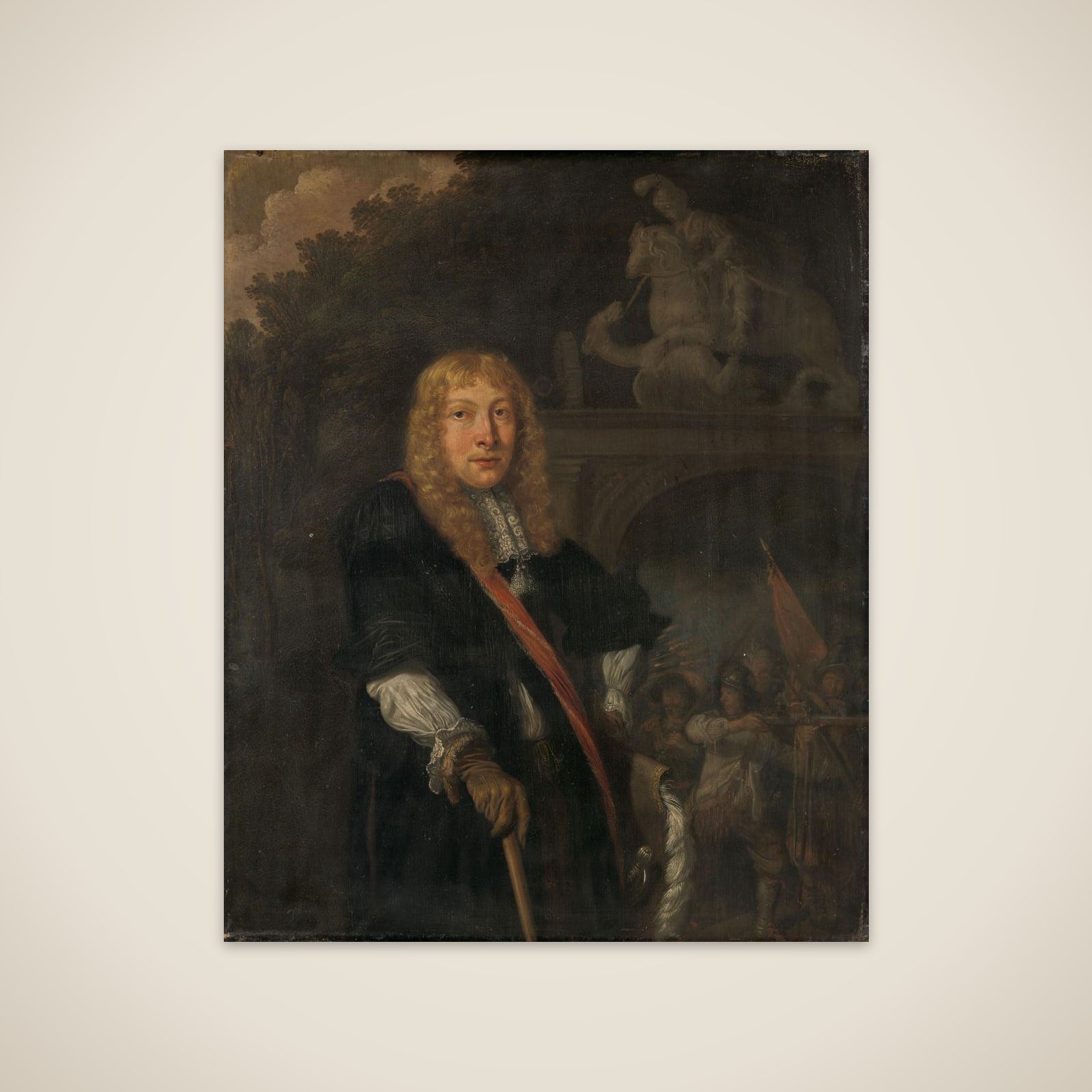 Portrait of an officer of the Leiden civic guard in front of the gate of the headquarters of the St. George guards unframed print