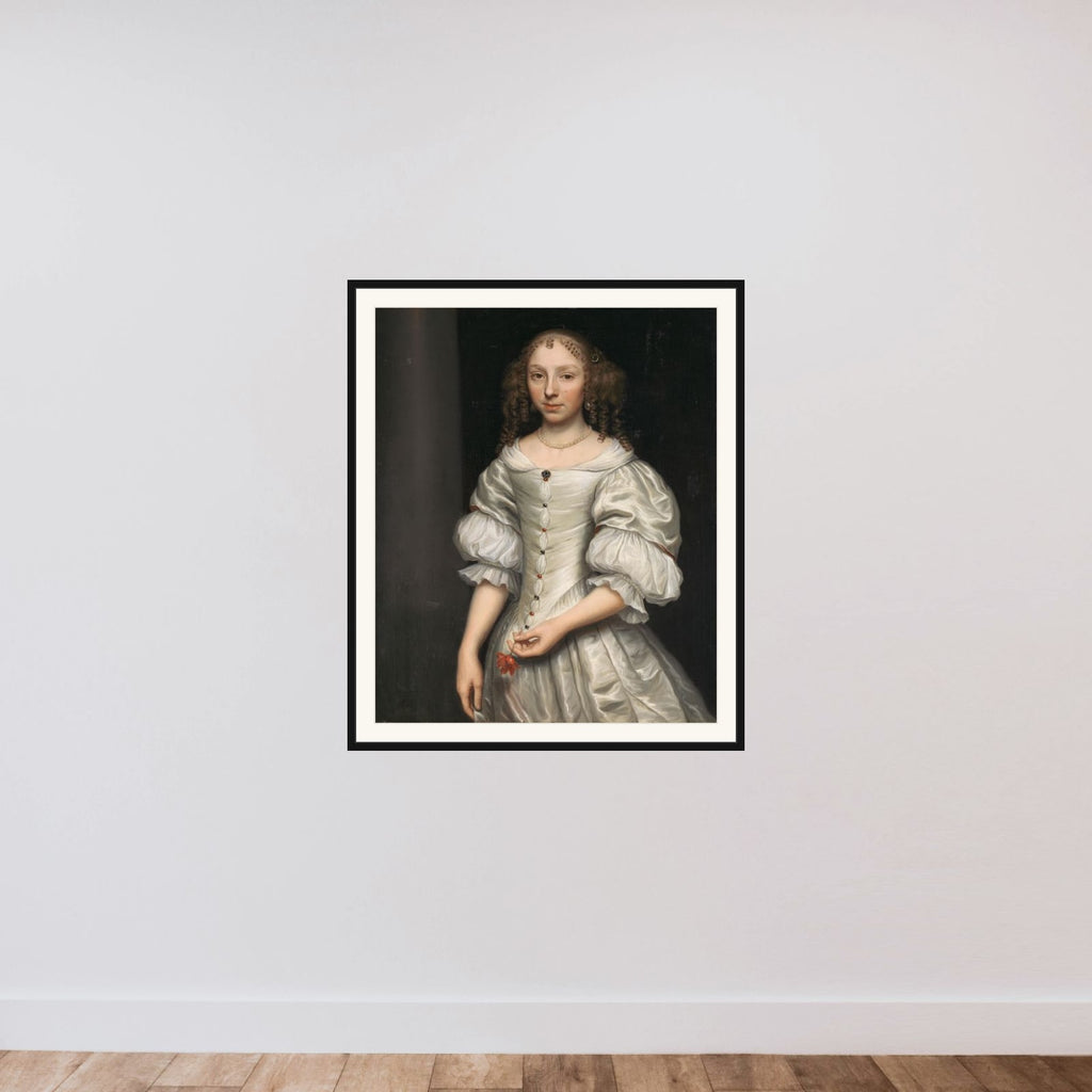 Portrait of a Young Woman Holding a Flower framed — shown to scale